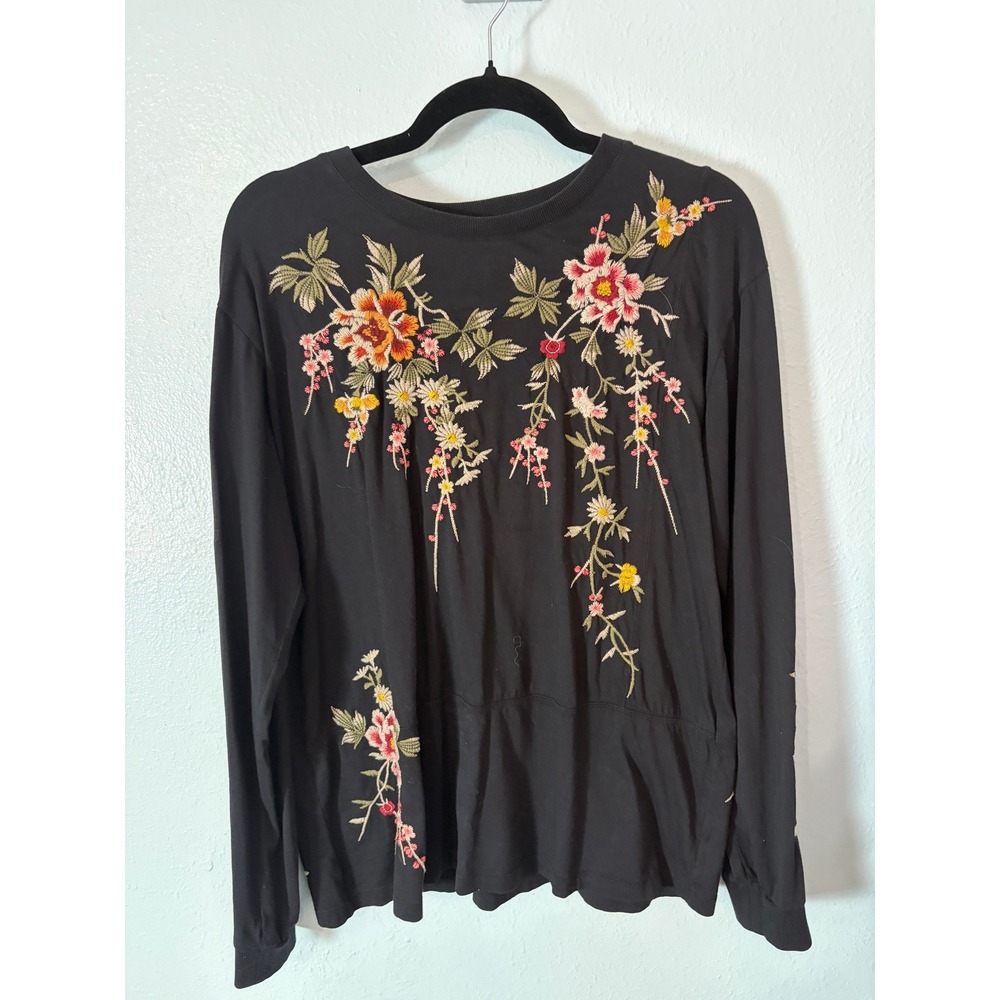 Johnny Was Acacia Seamed Relaxed Tee Black Floral Embroidered Cotton Top M Boho